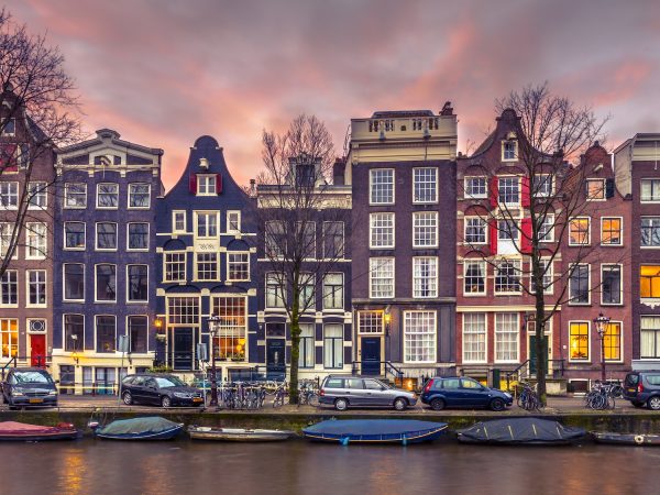 Canal houses on the Brouwersgracht in Amsterdam in vintage tonin