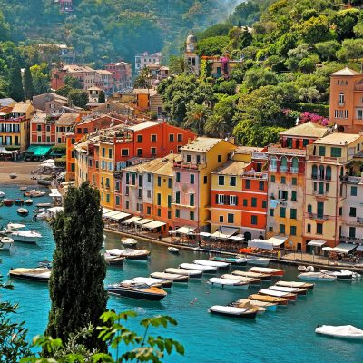 Village Portofino with colorful houses in little bay harbor. Liguria, Italy